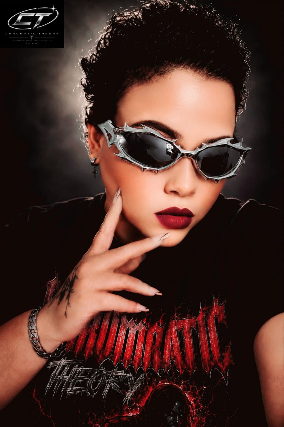 Dark-lens Inferno Drip sunglasses styled on a model