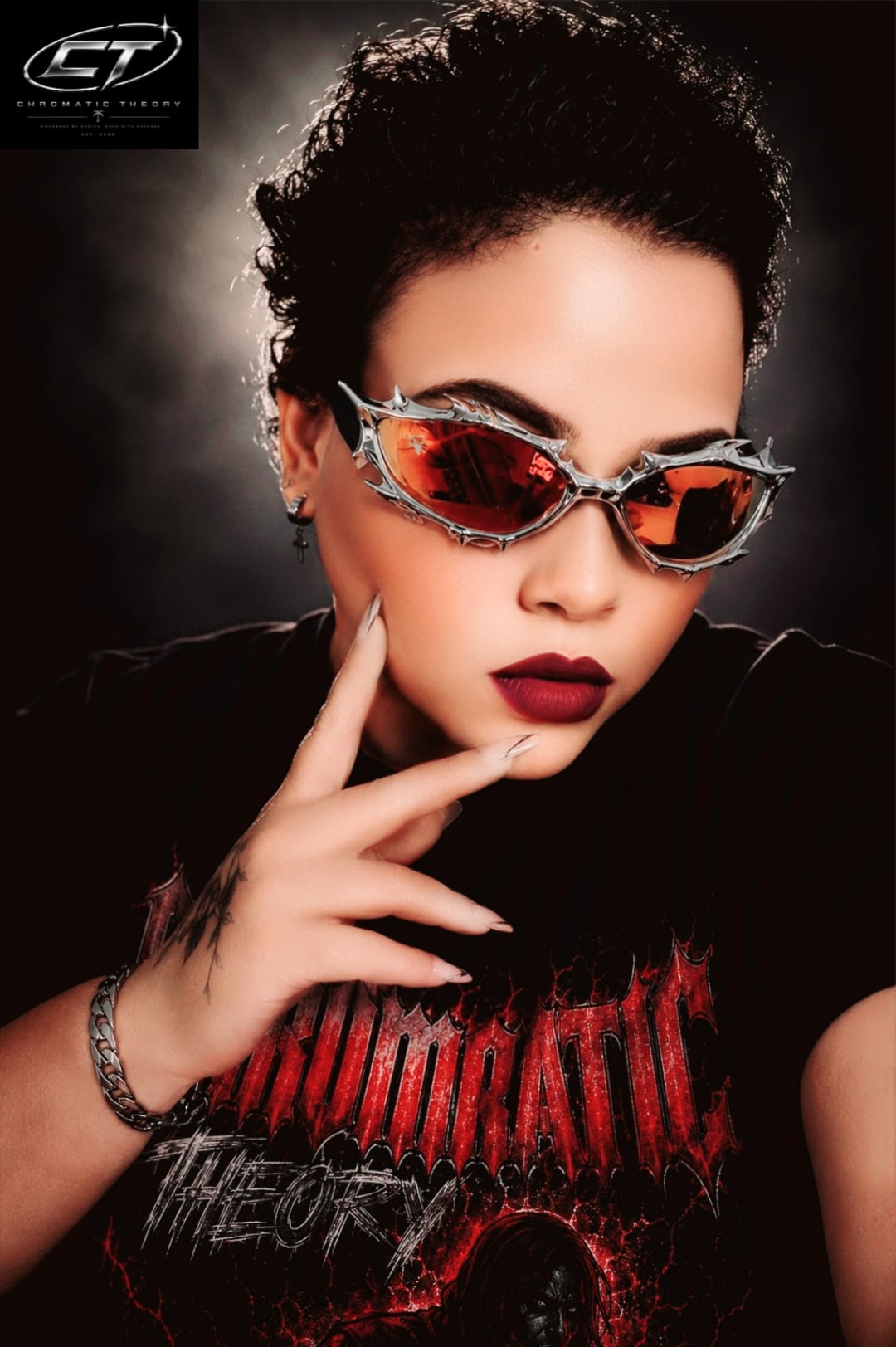Red-lens Inferno Drip sunglasses styled on a model