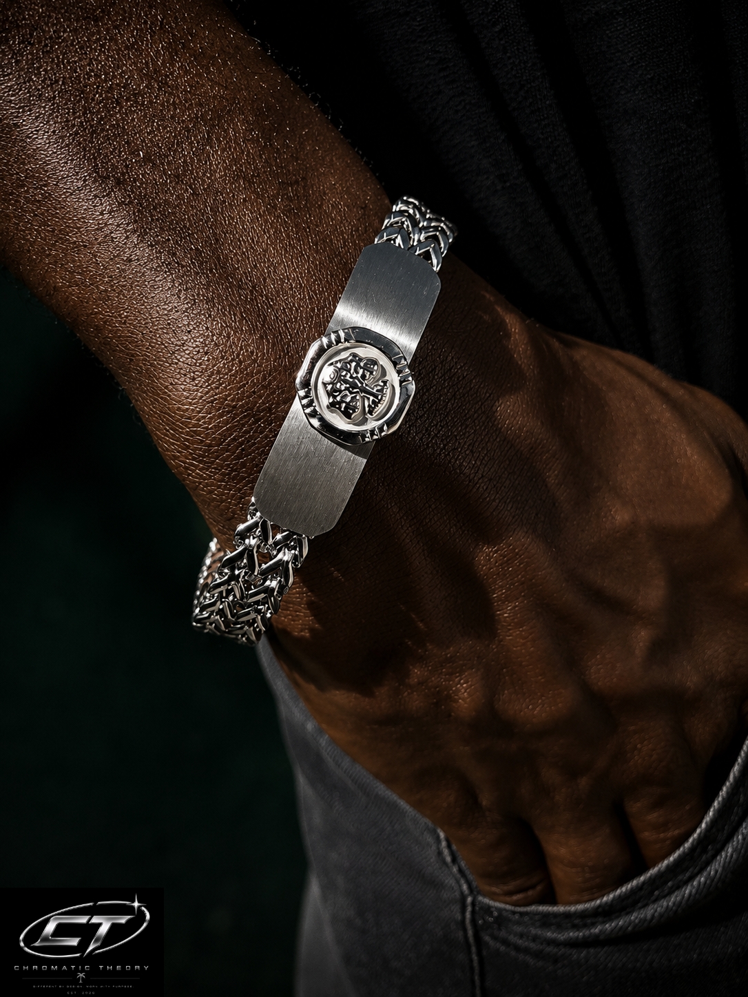 Silver Yggdrasil bracelet worn by a model